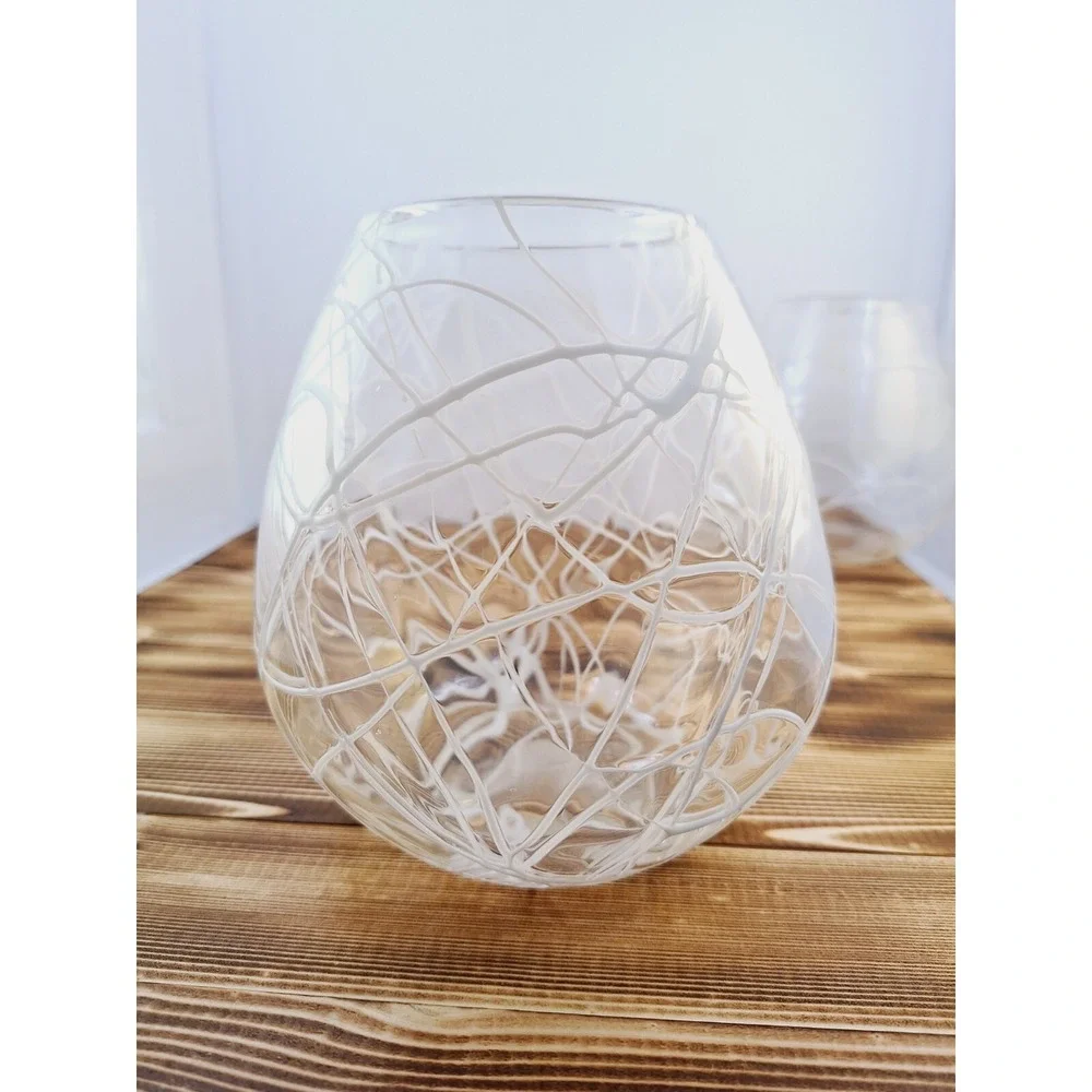 Set of 2 Lg‎ Hand Blown Glass White Spaghetti Drizzle Votive Candle Holder 6